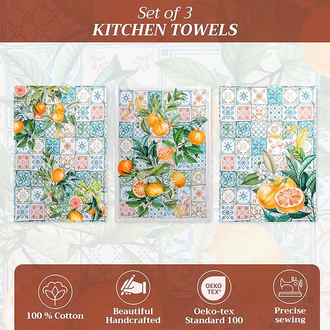 Maison d' Hermine Kitchen Towels Set of 3 100% Cotton 27.50" x 20" Reusable Cloth Tea Dish Towels Absorbent with Hanging Loop for Kitchen Gifts for Mothers Day Spring/Summer (Agrume)