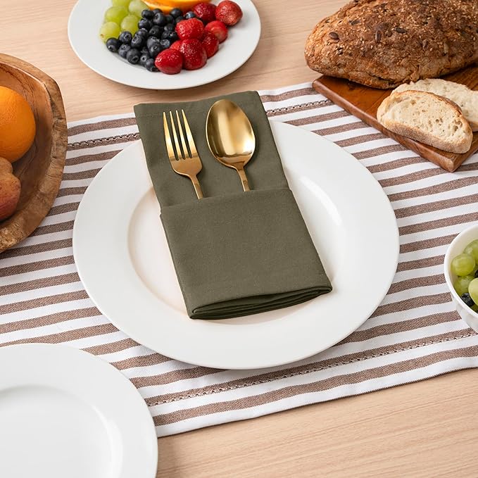 Blue Needles Solid Cloth Napkins Set of 6 Olive Green 100% Cotton Dinner Napkins 18x18 inches - Soft, Reusable, Absorbent & Washable Linen, Ideal for Spring Summer Easter Events Parties & Everyday Use