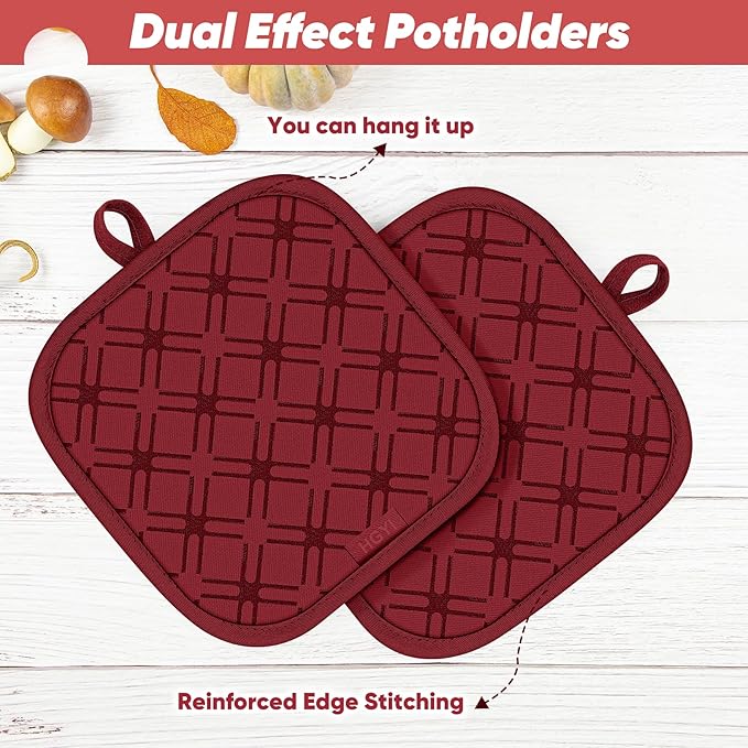 Oven Mitts and Pot Holders Set with Dishcloths, 500 Degree Heat Resistant Oven Gloves and Hot Pads, Premium Soft Cotton Kitchen Mittens and Dish Cloth Sets-Red