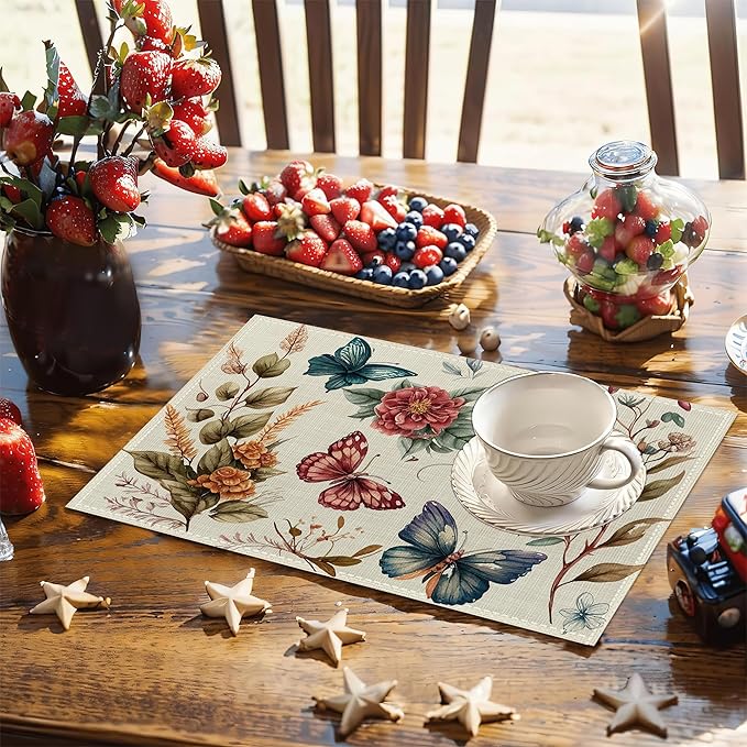 Butterfly Floral Vintage Placemats Set of 6, 12x18 Inch Waterproof Stain Resistant Linen Table Placemats Summer Seasonal Farmhouse Kitchen Party Decor Home Decor