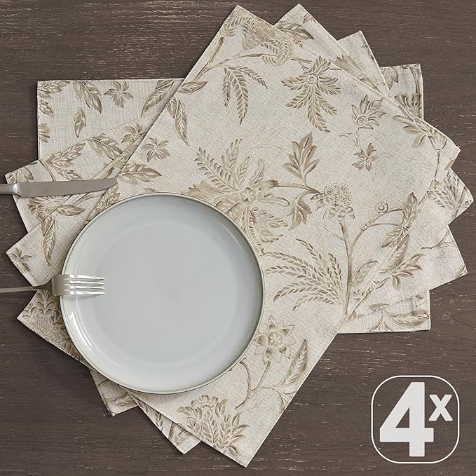 JINCHAN Linen Floral Fall Placemats Set of 4 Cloth Table Mats Rustic Cottagecore Jacobean Outdoor Seasonal for Kitchen Dining Table Decor Washable Tablemats 13x19 Inch Taupe