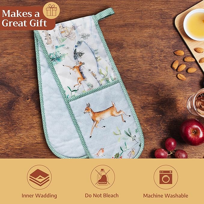 Maison d' Hermine Double Oven Mitt (7" x 35") 100% Cotton Heat Resistant BBQ Cooking Gloves with Loop for Thanksgiving Christmas Decorations Baking Cooking Barbeque Handling Hot Pan (Snowy World)