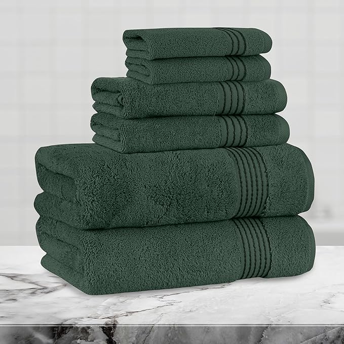 Mocassi Luxury 100% Turkish Cotton 6-Piece Towel Set - Ultra Soft, Quick Dry Highly Absorbent Premium Spa Hotel Quality Bath Towels,Includes 2 Bath Towels, 2 Hand Towels and 2 Washcloths, Hunter Green