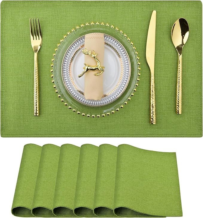 SLKQG Green Linen-Look Placemats Set of 6, Heat Resistant & Machine Washable Double-Layered Cloth Placemats for Dining Table, Indoor/Outdoor Use, Non-Slip Kitchen Table Mats (6, Green)