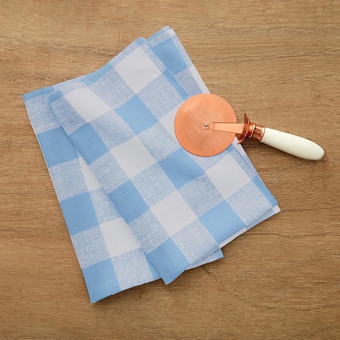 Solino Home Linen Kitchen Towels Set of 2 - Blue Bell 16.5 x 26.5 Inch - 100% Pure Linen Buffalo Check Kitchen/Tea Towels - Machine Washable and Handcrafted from European Flax