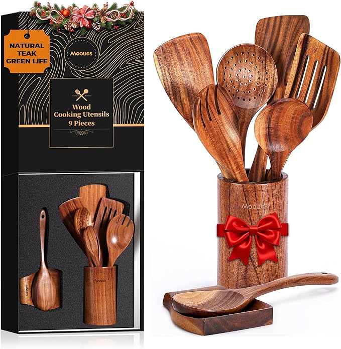 Mooues Wooden Spoons for Cooking, Wooden Utensils for Cooking Natural Teak Wooden Kitchen Utensils Set Comfort Grip(9 PCS SET GIFT BOX)
