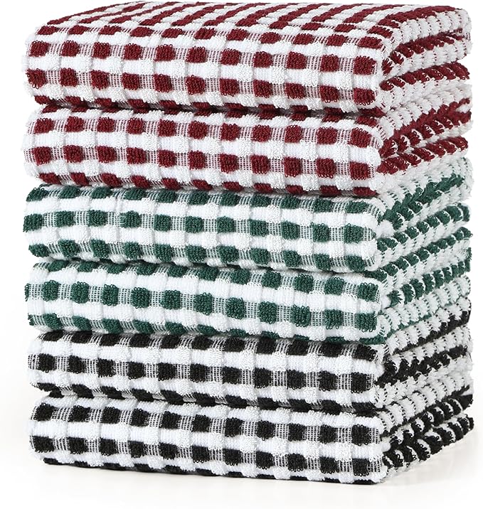SALAS Cotton Dish Towels Cloths for Kitchen Drying Dishes, Lattice Terry Kitchen Towels, Highly Absorbent Kitchen Cloths with Hanging Loop, 16‘’ x 26‘’, 6 Packs, Wine Red Black and Green
