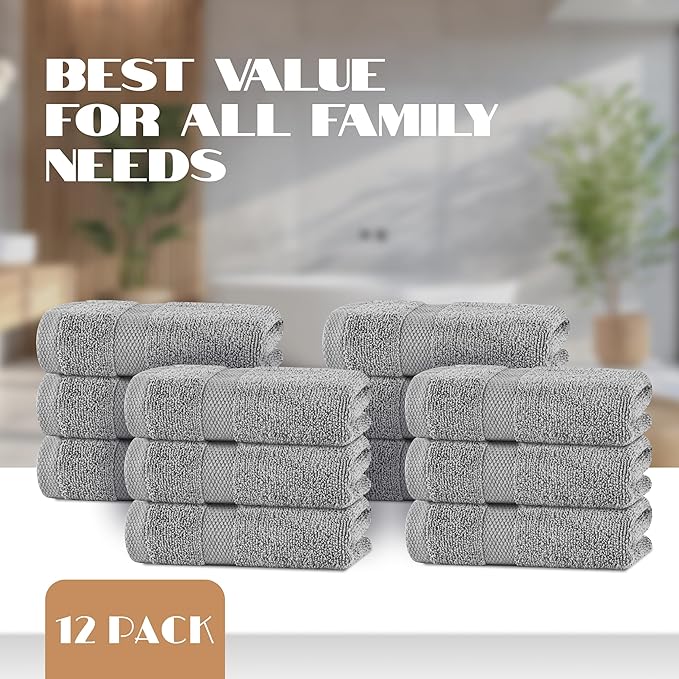 White Classic Light Gray Hand Towels for Bathroom [12 Pack] Cotton Hand Towel Bulk for Gym, Kitchen and Spa, 16x27 Inches Soft Highly Absorbent Quick Dry Terry Salon Towels
