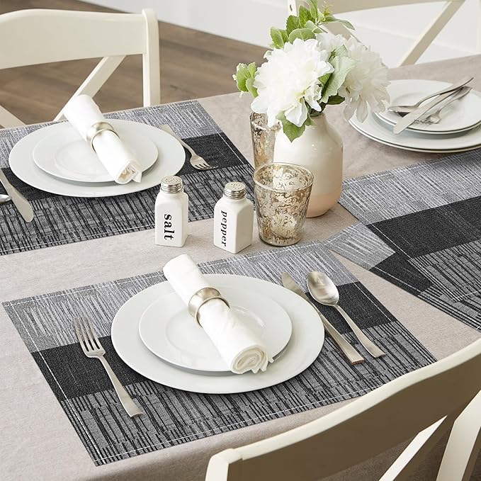 Niviy Black Placemats Set of 6, 12x18 Inch Washable Easy to Clean Heat-Resistant Anti-Skid Indoor Outdoor Table Mats for Holiday Party Kitchen Dining Room Decoration