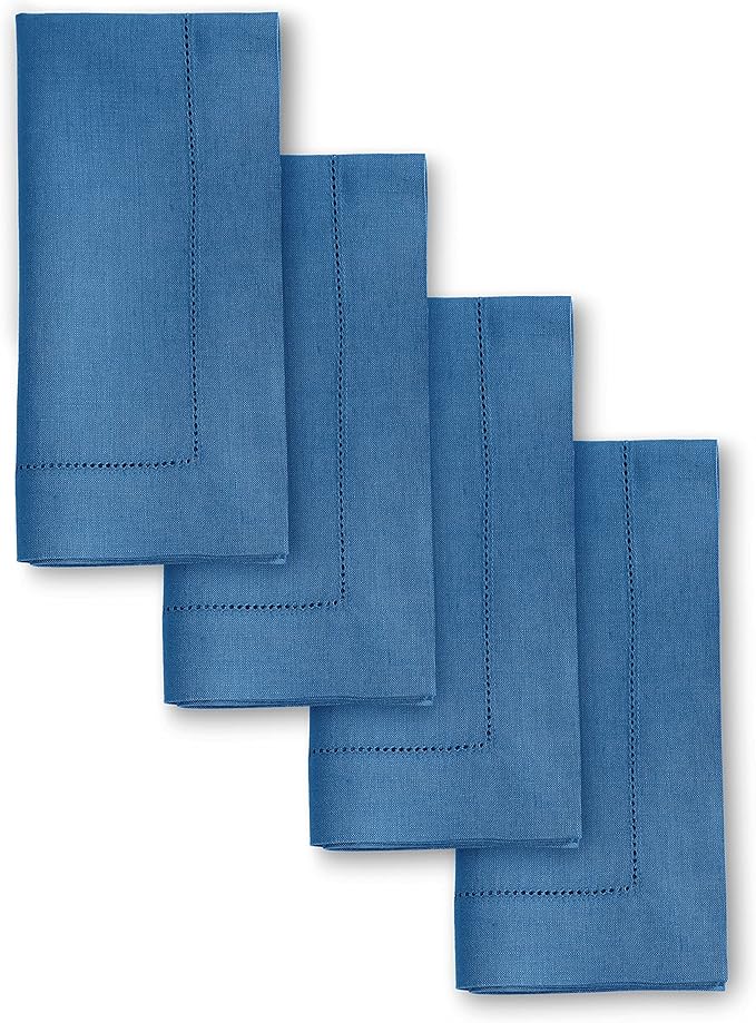 Solino Home Linen Napkins Set of 4 - Classic Hemstitch 100% Pure Linen Indigo Blue Dinner Napkins Cloth 20 x 20 Inch for Spring, Summer, Mothers Day - Handcrafted and Machine Washable