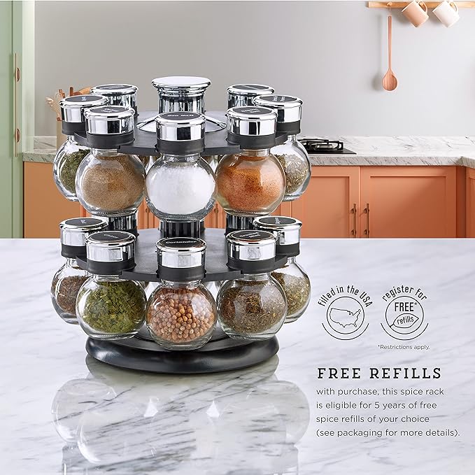 Kamenstein Ellington 16 Jar Revolving Spice Rack with Prefilled Spices - Rotating Chrome and Plastic Countertop Organizer with Sifter Caps and Labeled Lids