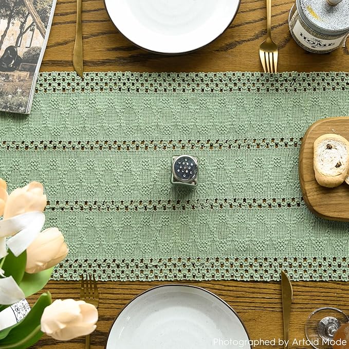 Artoid Mode Light Green Farmhouse Woven Rustic Hollow Table Runner, Seasonal Holiday Hollow Kitchen Dining Table Decoration for Home Party Decor 12x60 Inch