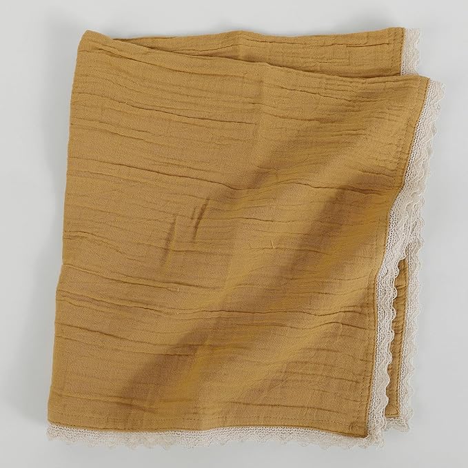 FINGERCRAFT Dinner Cloth Napkin Cotton Muslin Double Gauze 12 Pack with Classic Lace for Everyday Use, Wedding, Party, Christmas, Easter Napkins Cloth are Pre Shrunk and Good Absorbency Gold