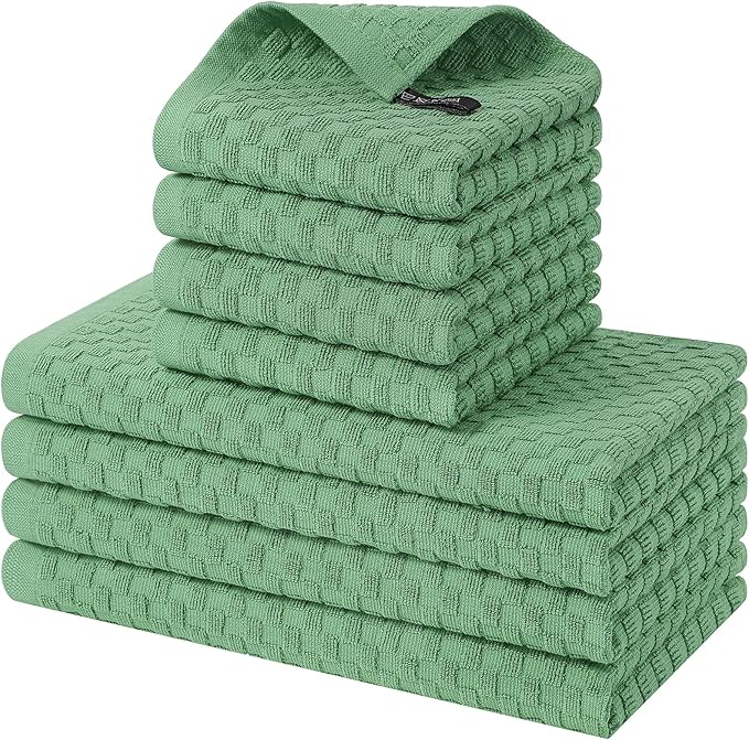 Homaxy 100% Cotton Kitchen Towels and Dishcloths Set, 12 x 12 & 15 x 25 Inches, Set of 8 Bulk Terry Cloth Dish Towels, Super Soft and Absorbent Hand Towel with Hanging Loop, Grass Green
