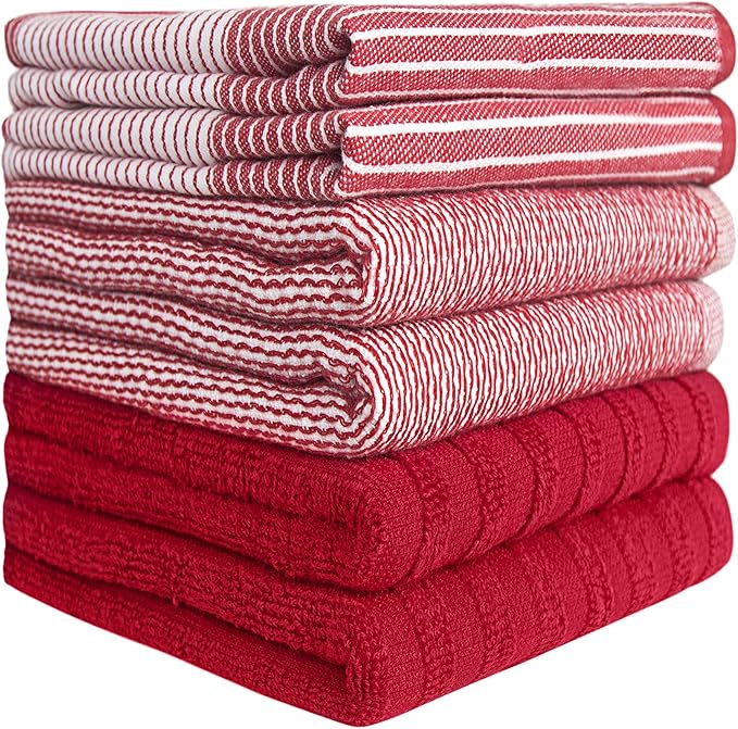 Premium Kitchen Towels (20”x 28”, 6 Pack) | Large Cotton Dish Towels | Flat & Terry Highly Absorbent Kitchen Linen Set with Hanging Loop | Red