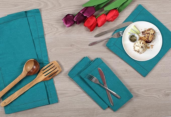 Lightnpro Cotton Dinner Napkins Set of 12, Hemstitched Dinner Cloth Napkins with Metred Corners, Washable and Reusable for Dining, Parties, Weddings, Holiday & Everyday Use - 18x18 Inch Teal