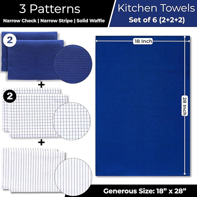 Highly Absorbent Cotton Kitchen Towels for Drying Dishes - Set of 6 Dish Towels - Narrow Navy Blue Stripes Plaid Waffle Dishtowels - 18"X28" Large Lint Free Linen Tea Hand Bulk T Towls