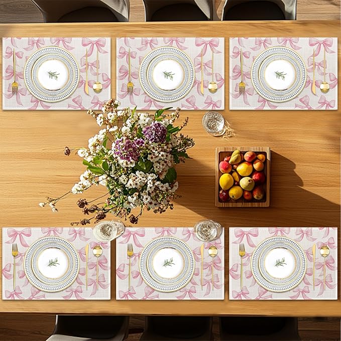Pink Bows Placemats Set of 6,Cute Waterproof Non-Slip Washable Table Mats for Kitchen Dining Holiday Party Wedding Decor 12x18 Inch