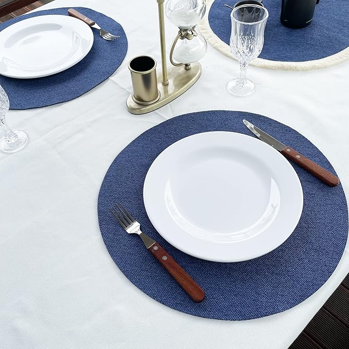 SLOW COW Linen Round Placemats for Dining Table Place Mats 15 inch Washable Set of 4 Dark Denim
