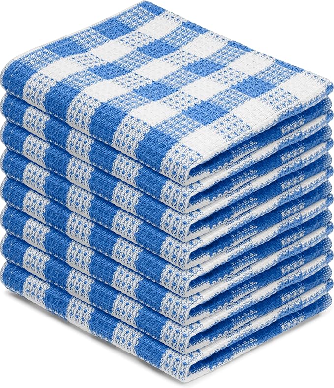 Blue Needles Set of 8 Waffle Weave Check Plaid Dish Cloths, 12x12 Inches 100% Cotton Dish Towels for Kitchen, Ultra Soft & Absorbent Kitchen Towels for Quick Drying Spring Summer - Sky Blue & White