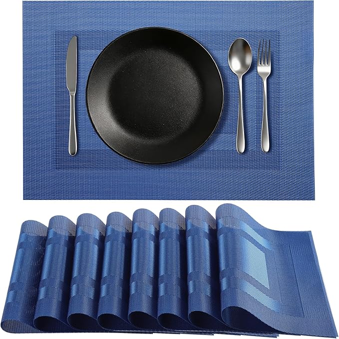 Timeet Blue Placemats Set of 8, Heat Resistant Non-Slip Place Mats, Durable Washable PVC Vinyl Woven Table Mats, Wipeable Placemats for Dining Table Easy to Clean