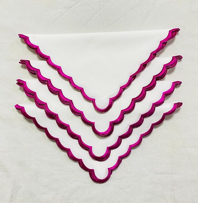 Ridhi Cloth Napkins 100% Pure Cotton Farmhouse Wedding Dinner Napkins Gift for Spring, Easter, Valentine, Holiday, Everyday Napkin (4-18" x 18" White with Pink Edge)