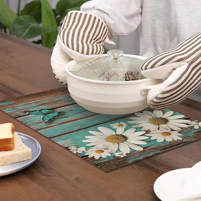 Placemats Set of 6,White Daisy Table Mats, Vintage Wood Washable Linen Table Mats,Non-Slip Heat Resistant Placemats for Party Kitchen Dining Indoor Outdoor 12"x18"