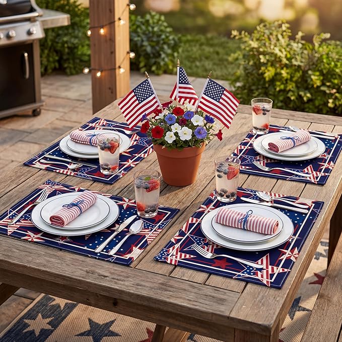 4th of July Red White Blue Star Placemats, USA 250th Anniversary 1776-2026 Independence Day Watercolor Star Table Mats, Washable Patriotic Placemats for Memorial Day Party Decor, Set of 4