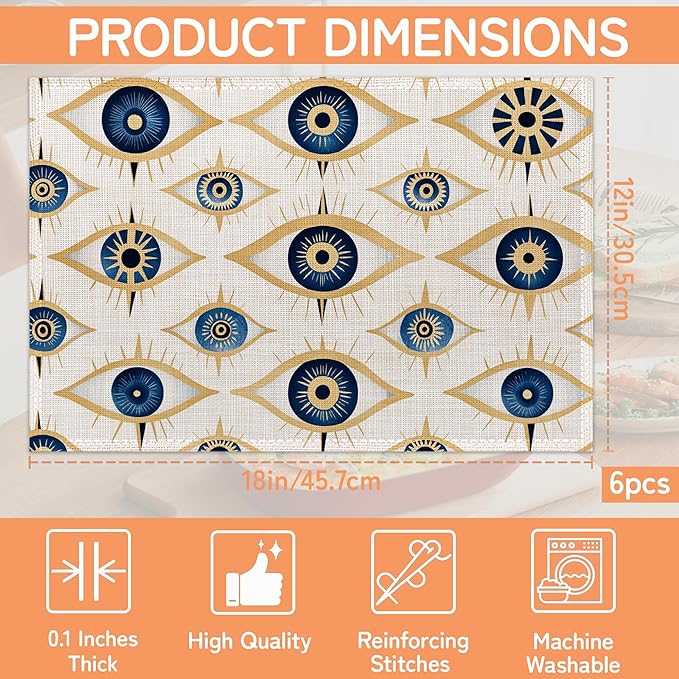 Evil Eye Table Mats Set of 6,Non-Slip Washable Placemats for Restaurant Home Kitchen Dinner Table 12x18Inch
