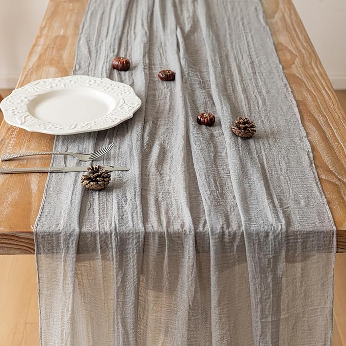 Keketoarrange 6pcs Grey Gauze Rustic Cheesecloth Table Runner 120 Inch 10 FT for Wedding Baby Shower Bridal Shower Birthday Engagement Garden Outdoor Party Long Sheer Boho Decorations