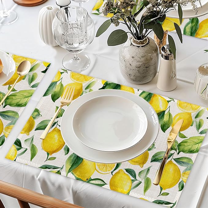Lemon Placemat Set of 6,Heat Resistant Linen Table Mats for Indoor Outdoor Home Kitchen Dining Room Table 12x18Inch