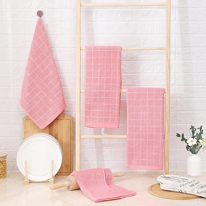 Homaxy 100% Cotton Terry Kitchen Towels(Pink, 13 x 28 inches), Checkered Designed, Soft and Super Absorbent Dish Towels, 5 Pack