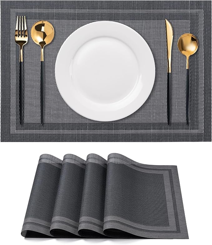 CADONO Placemats Set of 4 Washable Indoor/Outdoor Vinyl Place Mats for Dining Table Durable Non-Slip Heat Resistant PVC Weave Table Mats（Simple Style-Black）