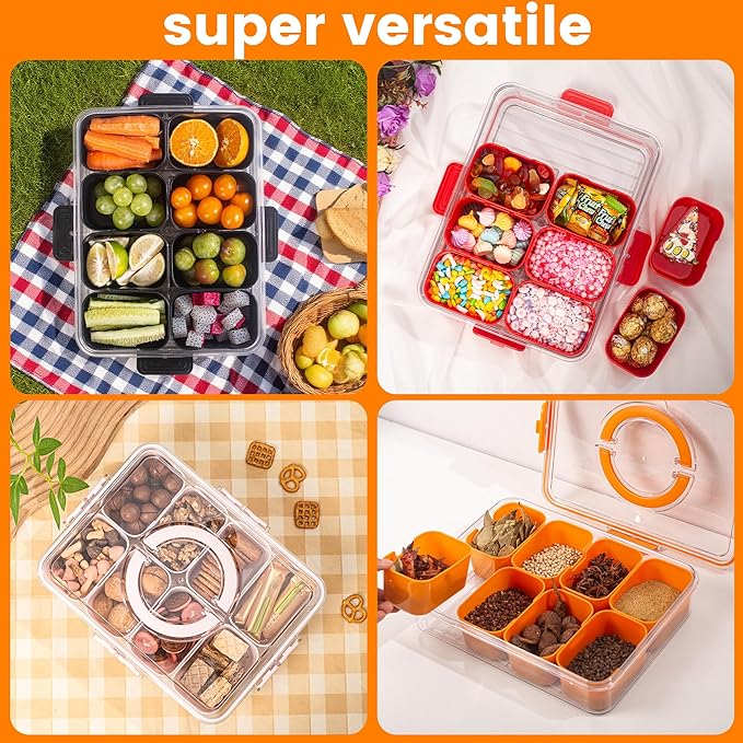 Dingerjar Divided Serving Tray with Lid and Handle - Snackle Box Charcuterie Container for Portable Snack Platters Organizer for Candy, Fruits, Nuts, Snacks - Perfect for Party, Entertaining, Orange