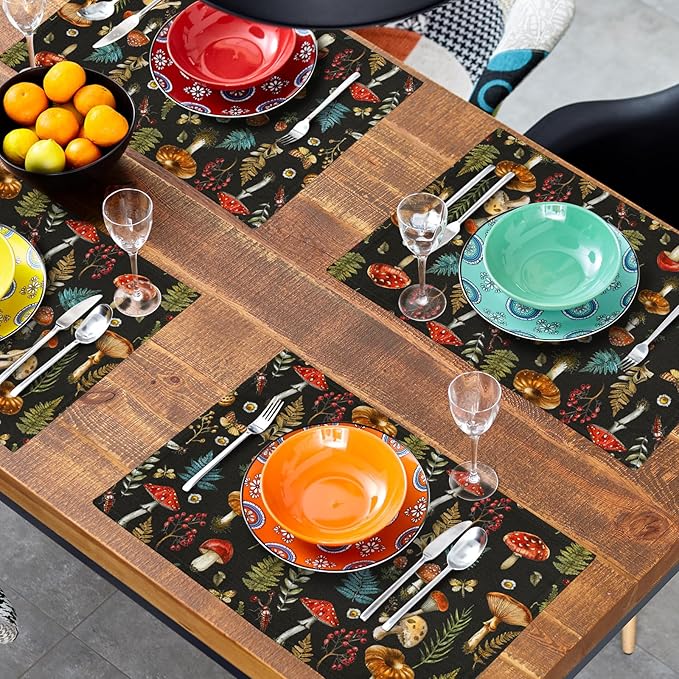 Watercolor Mushroom Placemats Fern Leaves Cotton Linen Place Mat Washable Table Mat for Party Dining