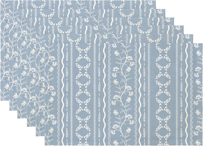 LilyCat Linen Fabric Blue Floral Placemats, Stripes Durable Boho Dining Table Mats for Kitchen, Rustic Vintage Washable Place Mats Set of 6, 18’’× 12’’