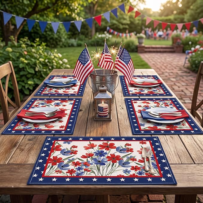Patriotic Red White Blue Floral Placemats, USA 250th Anniversary 1776-2026 Independence Day Placemats, Watercolor Floral Patriotic Table Mats for 4th of July Memorial Day Party Decor, Set of 6