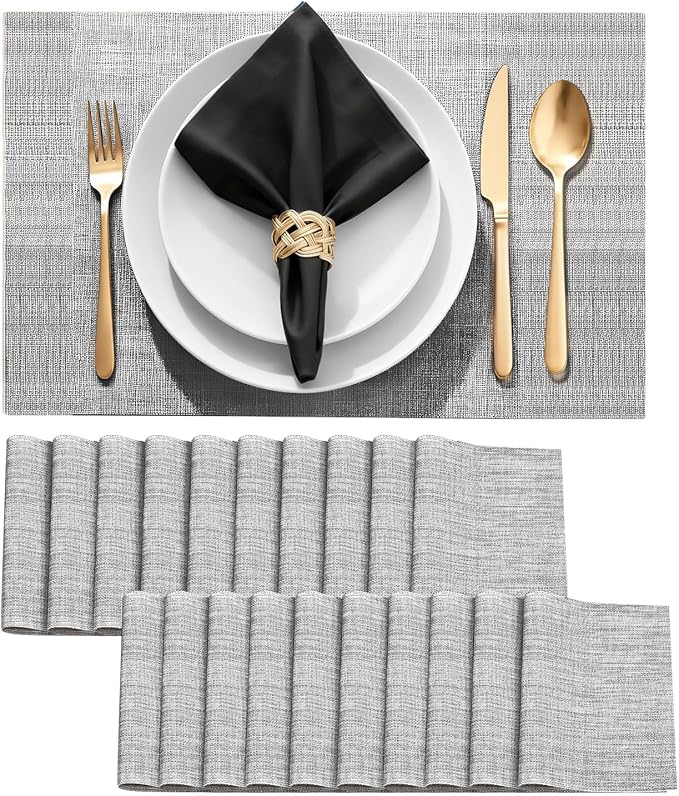 Durable Vinyl Placemats Set of 20, Non-Slip for Dining Table Mat, Heat Resistant Place Mats, Washable Anti-Slip PVC Easy to Clean Wipeable Premium Plastic Mats for Kitchen Grey