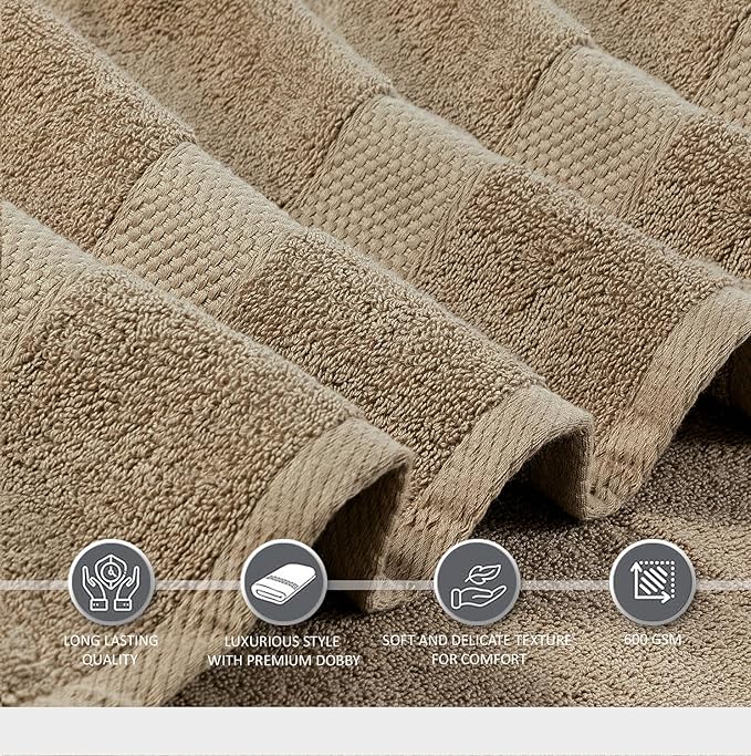 Oakias Premium Towel Set 600 GSM 6 Piece Beige - 100% Ring Spun Cotton Highly Absorbent Towels Set - Super Soft Bathroom Towel Set - Hotel Quality Double Stitched Hem - Ideal for Hotels, Spa, Gyms