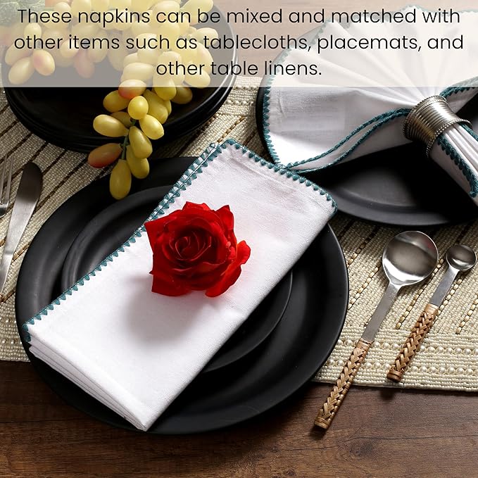 Cotton Clinic Cloth Napkins with Trim - Everyday Use Table Dinner Napkins - Soft Durable Washable - Ideal for Dinner Party Wedding Christmas Easter - Set of 12-20x20 inches Teal White Napkins