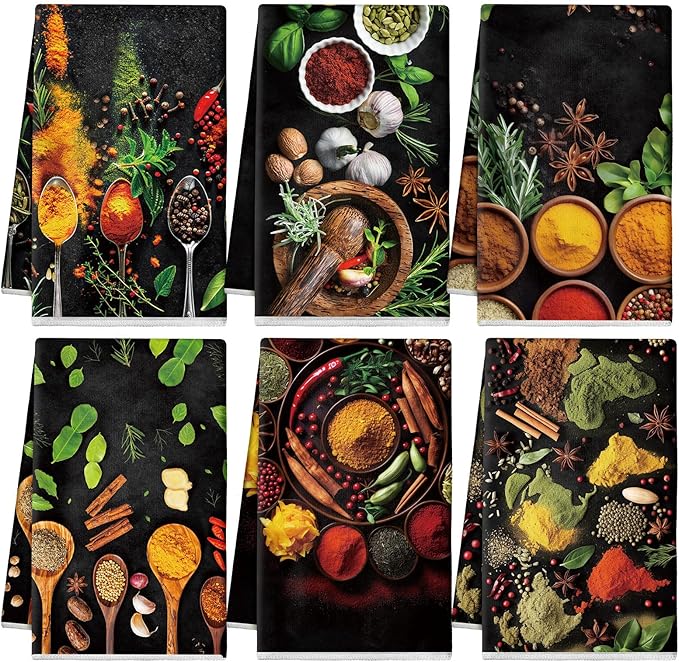 Breling Set of 6 Colorful Spices Kitchen Towels Microfiber Dish Towel Decorative Hand Towels Absorbent Tea Towel for Kitchen Bathroom Baking Coffee Bar Rustic Home Decor and Gifts, 14x21 Inches