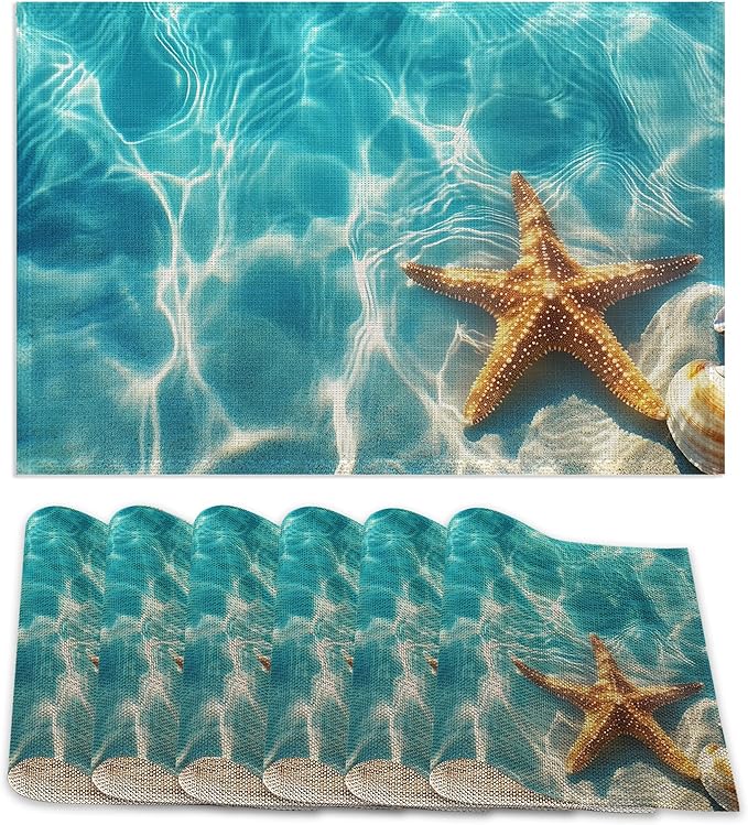 Placemats Set of 6,Starfish Shells Table Mats,Sea Beach Washable Linen Table Mats,Non-Slip Heat Resistant Placemats for Party Kitchen Dining Indoor Outdoor 12"x18"