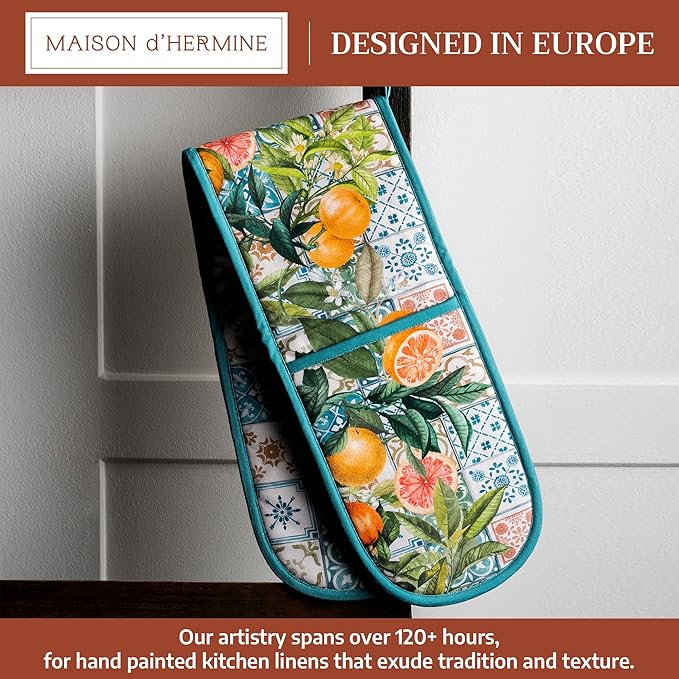 Maison d' Hermine Double Oven Mitts 100% Cotton 7"x35" Double Oven Mitt Heat Resistant BBQ Cooking Gloves with Loop Baking Grilling Gifts for Mothers Day Spring Summer (Agrume)