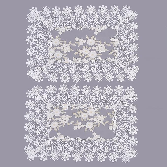 White Ivory Gold Floral Lace Placemats 14”x20” Set of 2, Table Topper Dresser Scarf Place Mats(Set of 2, White & Ivory)