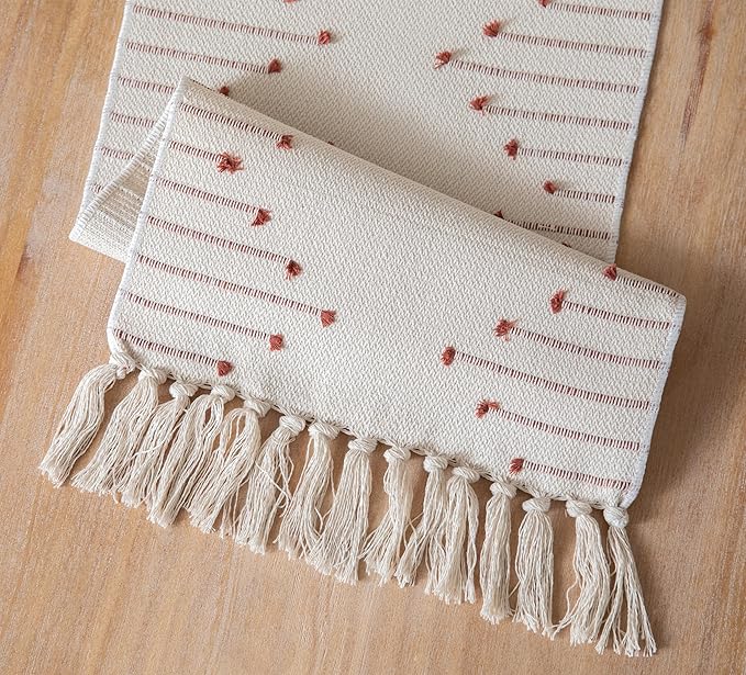 Caflife Boho Table Runner 13 x 60 Inch Long Natural Cotton Woven Runner with Tassels for Home Dining Table décor, for Modern Farmhouse Decor Coffee Table Runner, Rust and Beige