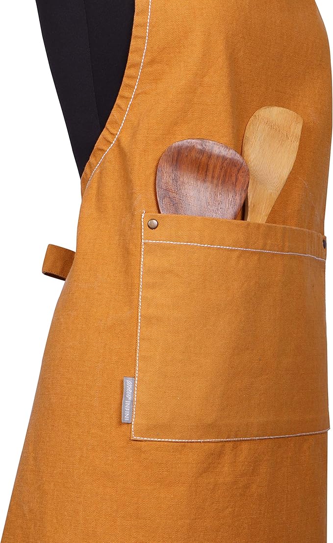 AMOUR INFINI Cotton Solid Aprons for Women with Pocket, Adjustable Strap and Waist Ties Washed Chef Aprons for Cooking, Baking and Gardening (27.5 x 33 Inches - Yellow)