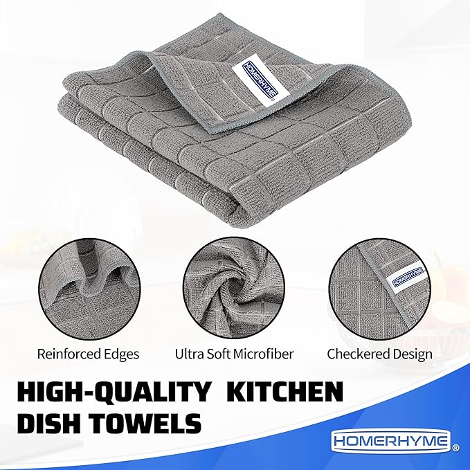 Kitchen Towels, 8 Pack Microfiber Cleaning Cloth, 25'' x 15'' Dish Towels, 270 GSM Checkered All-Purpose Reusable Lint Free & Absorbent Hand Towels for Kitchen Home Tea Bar Shop