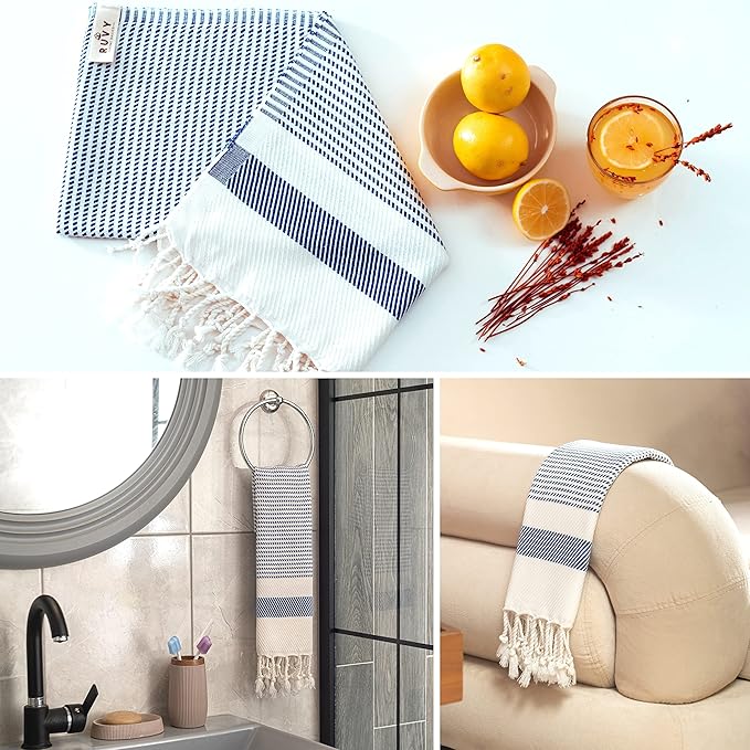 Ruvy Home Basics Turkish Hand Towels for Bathroom Set of 4 | 18"x40", Cotton | Decorative Towel for Bathroom, Kitchen, Dishcloth, Tea, Yoga, Face, Gym - Navy