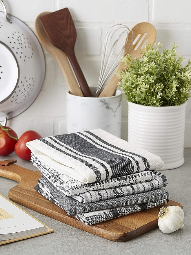 DII Assorted Woven, Kitchen Dishtowel Set, 18x28, Gray, 5 Piece