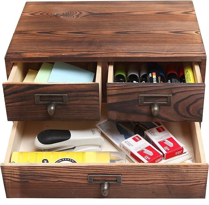 MyGift Wooden Desk Organizer with Drawers, Dark Brown Wood Desktop Storage Cabinet with 3 Drawers for Office Supplies, Sewing Kits and Accessories